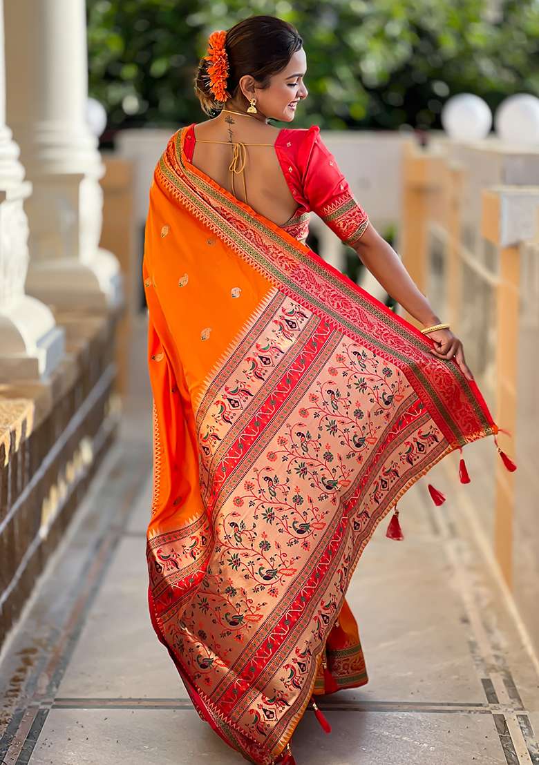 Orange Zari Woven Silk Blend Saree Set for Diwali and Festive Wear - Indya