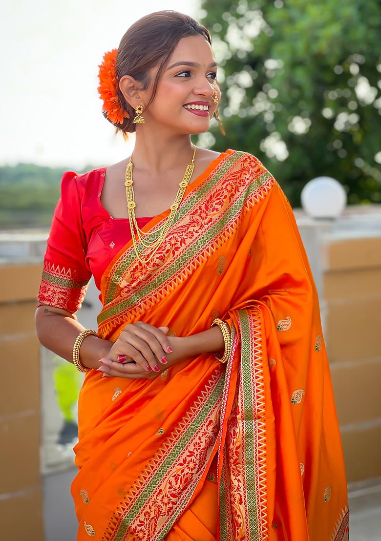 Orange Zari Woven Silk Saree Set