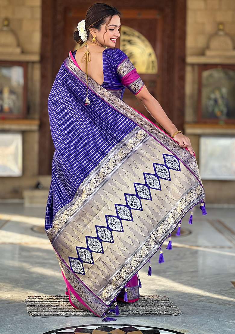 Blue Zari Woven Silk Blend Saree Set for Diwali | Wedding & Festive Wear - Indya