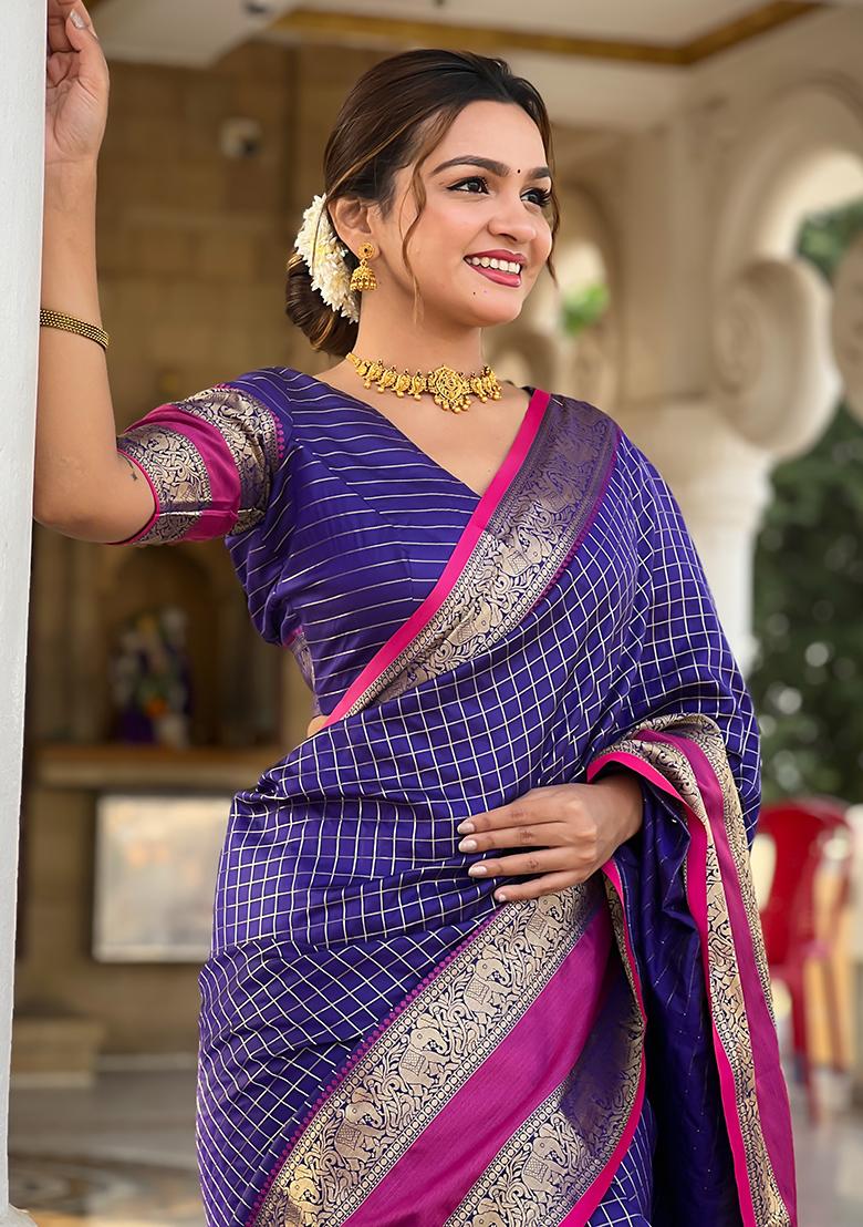 kosariii✴︎ Buy Peacock Blue Zari Work Raw Silk Saree - Koskii