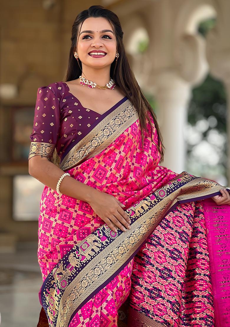 Pink Zari Woven Silk Saree Set