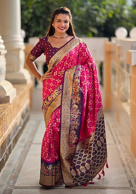 Pink Zari Woven Silk Saree Set