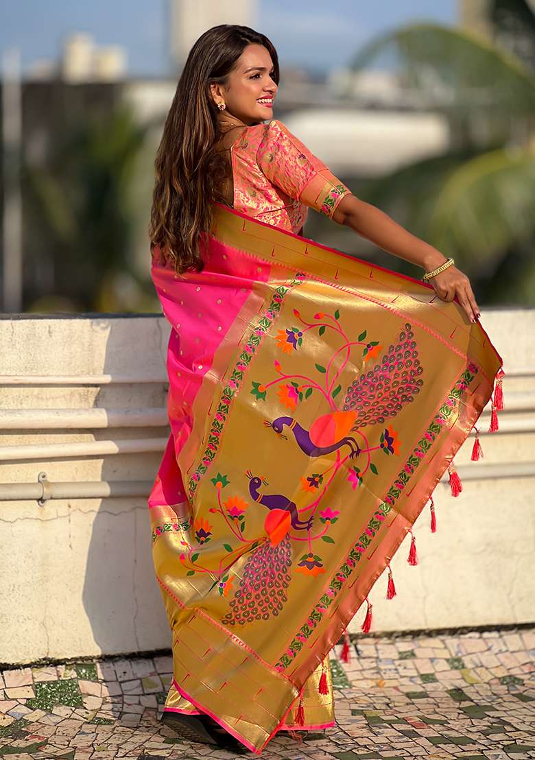Pink Zari Woven Silk Blend Saree Set for Diwali and Festive Wear - Indya