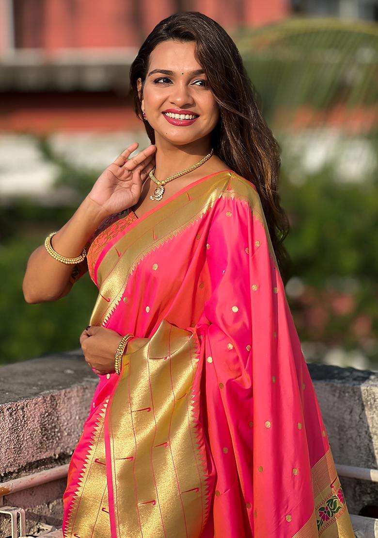 Pink Zari Woven Silk Saree Set