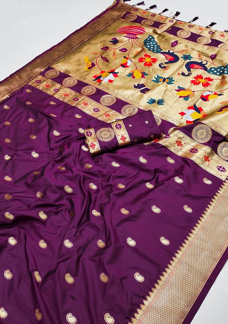 Wine Zari Woven Silk Saree Set