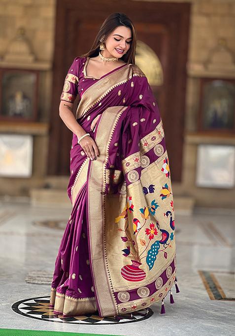 Wine Zari Woven Silk Saree Set