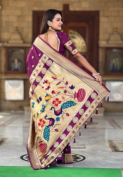 Wine Zari Woven Silk Saree Set