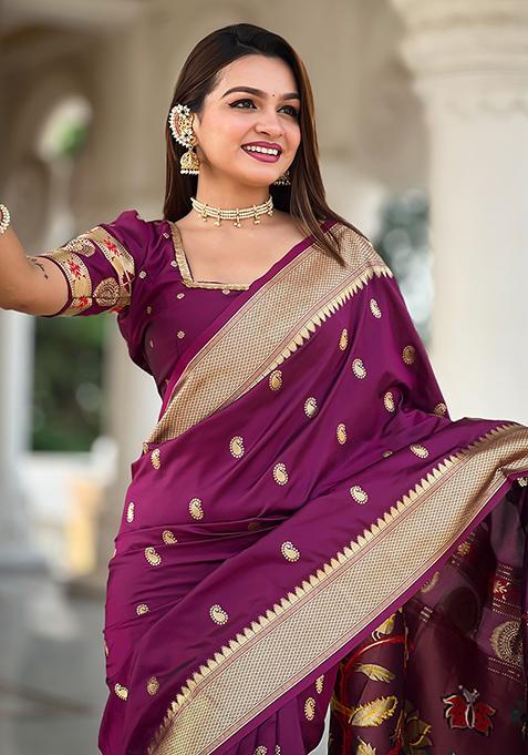 Wine Zari Woven Silk Saree Set