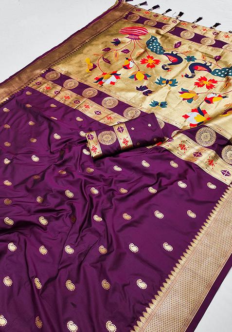 Wine Zari Woven Silk Saree Set