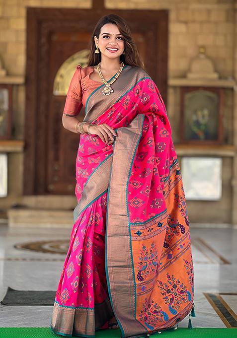 Pink Meenakari Silk Saree Set