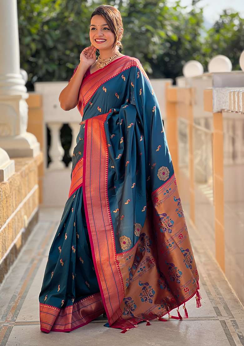 Morpeach Zari Woven Silk Blend Saree Set for Diwali and Festive Wear - Indya