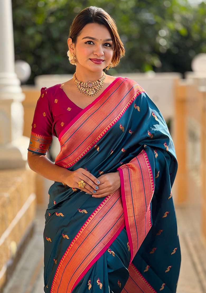 Morpeach Zari Woven Silk Blend Saree Set for Diwali and Festive Wear - Indya
