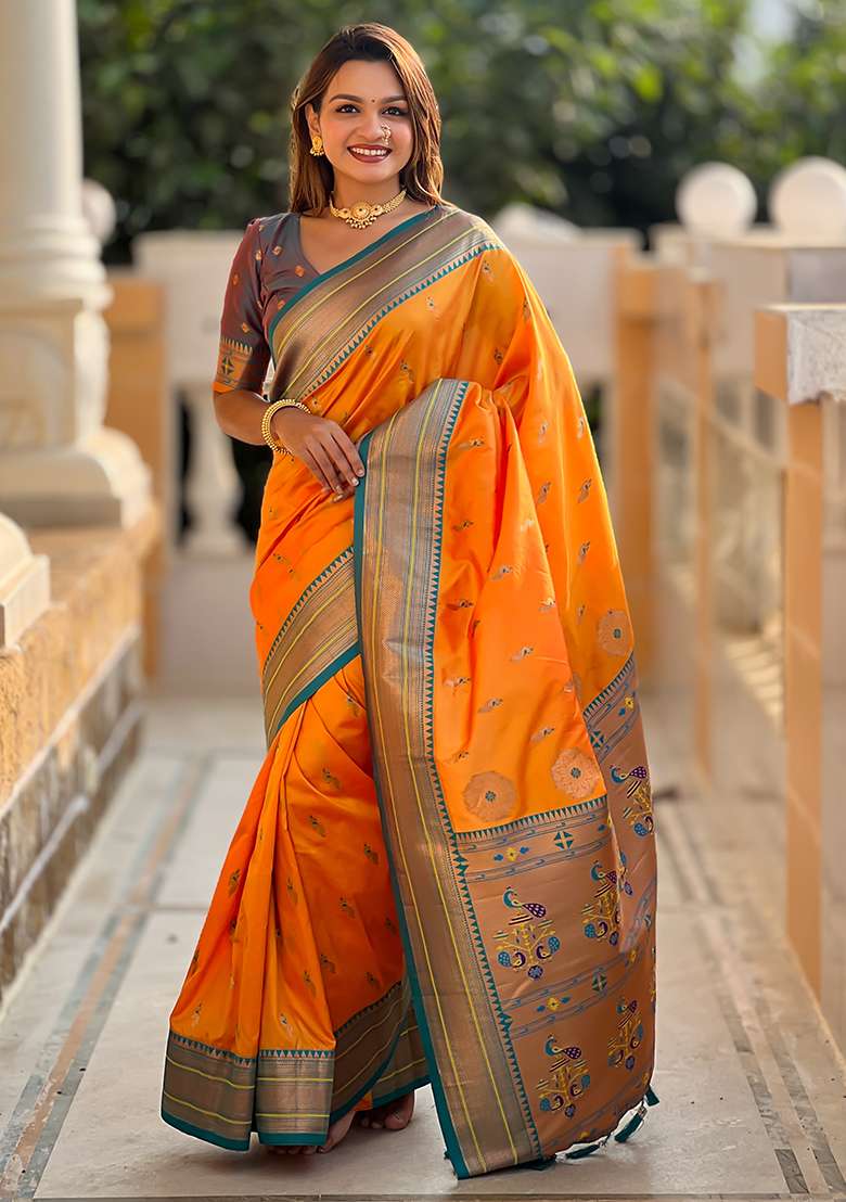 Mustard Zari Woven Silk Blend Saree Set for Diwali and Festive Wear - Indya