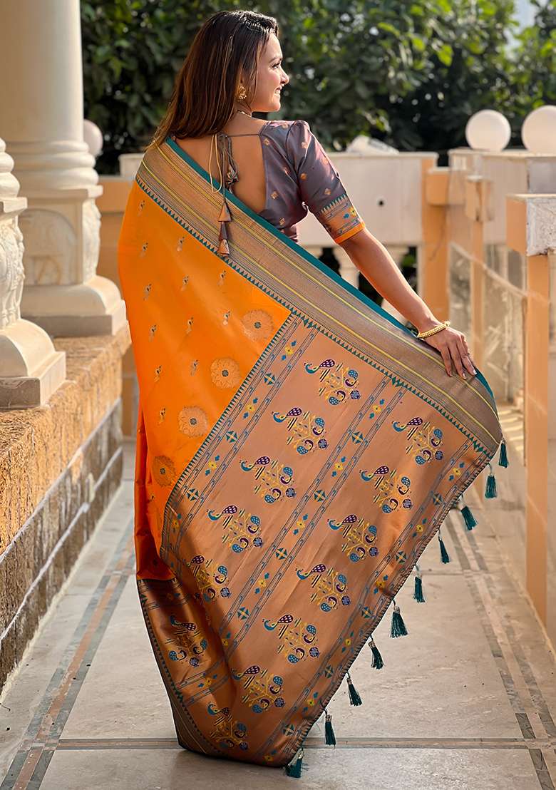 Mustard Zari Woven Silk Blend Saree Set for Diwali and Festive Wear - Indya