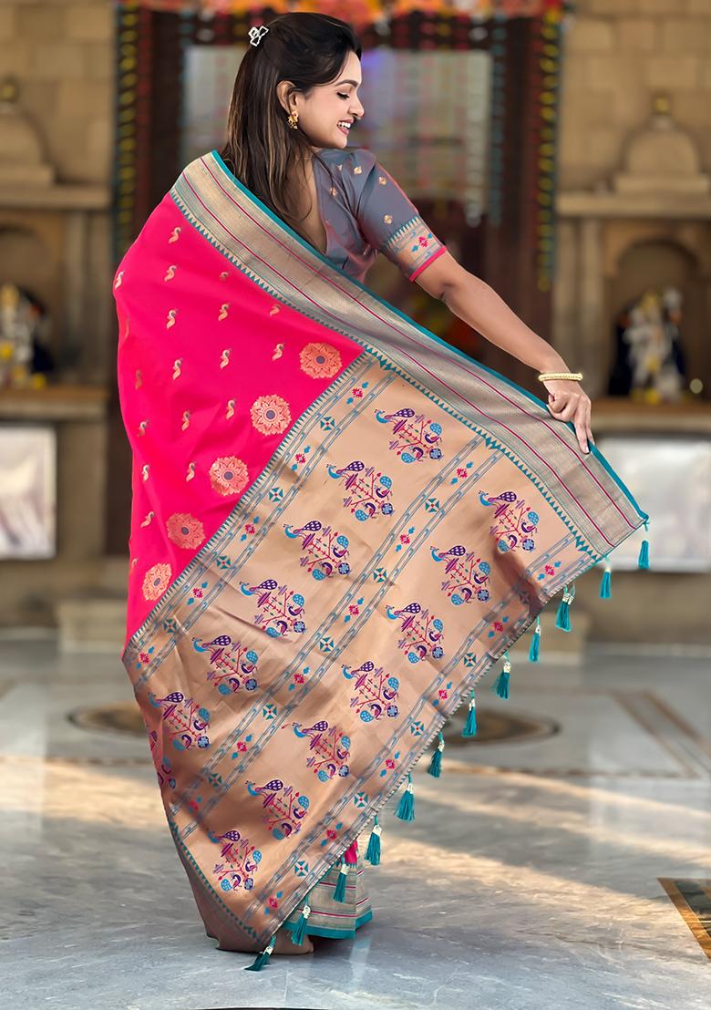 Pink Zari Woven Silk Saree Set