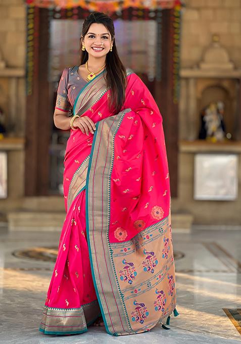 Pink Zari Woven Silk Saree Set