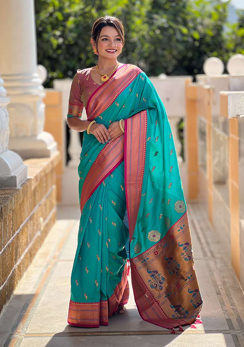 Rama Blue Zari Woven Silk Blend Saree Set for Diwali | Wedding & Festive Wear - Indya