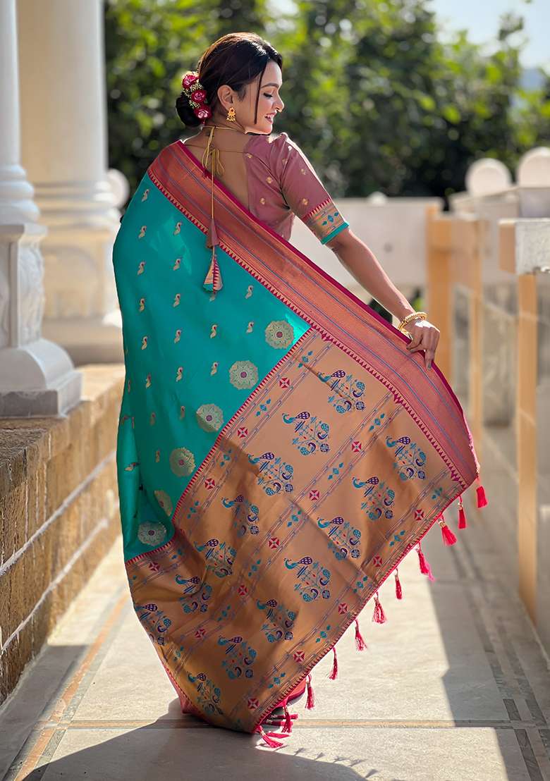 Rama Blue Zari Woven Silk Blend Saree Set for Diwali | Wedding & Festive Wear - Indya