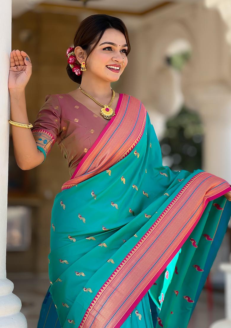 Rama Blue Zari Woven Silk Saree Set