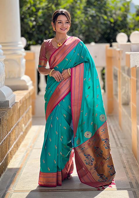 Rama Blue Zari Woven Silk Saree Set