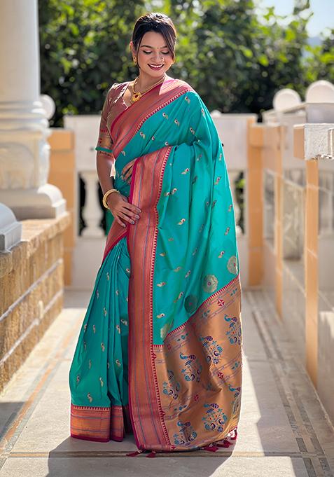 Women Blue Pure Silk Woven Zari Design Saree With Unstitched Blouse