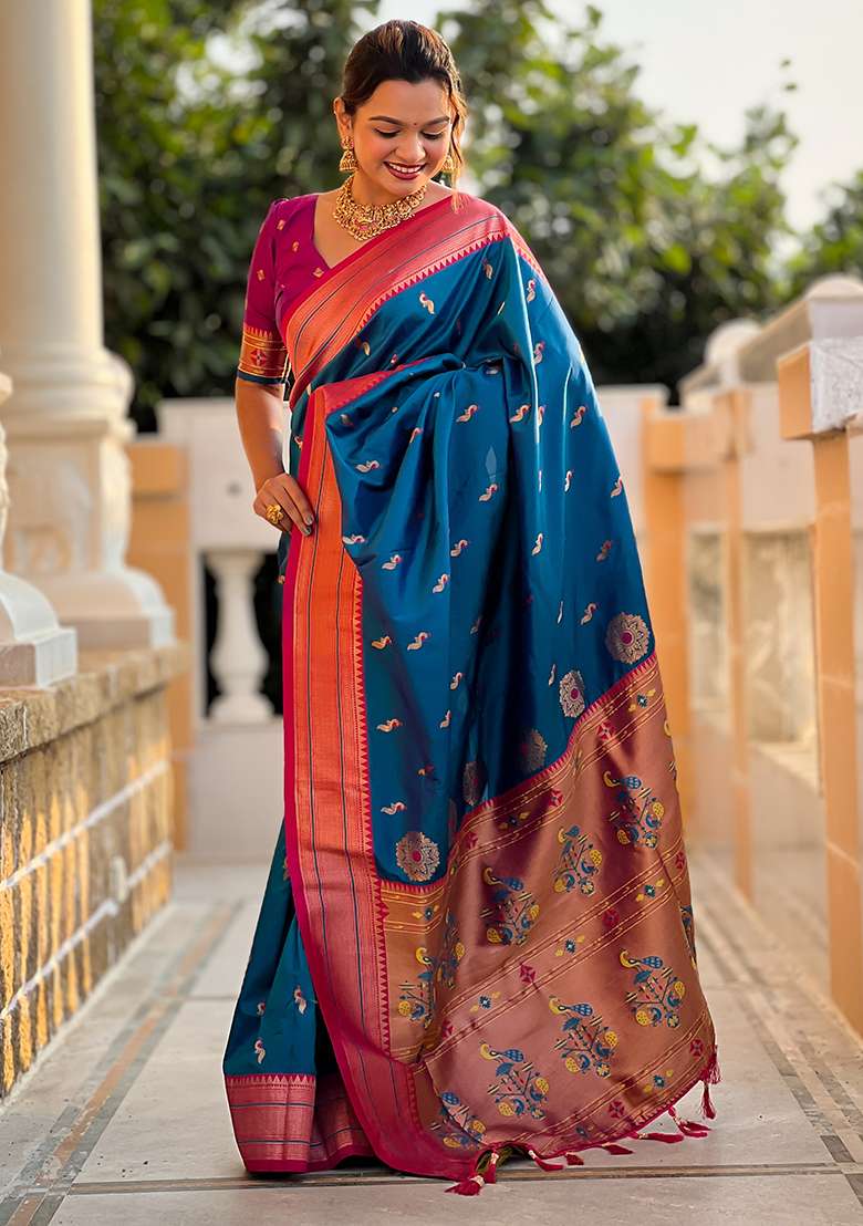 Blue Zari Woven Silk Blend Saree Set for Diwali and Festive Wear - Indya