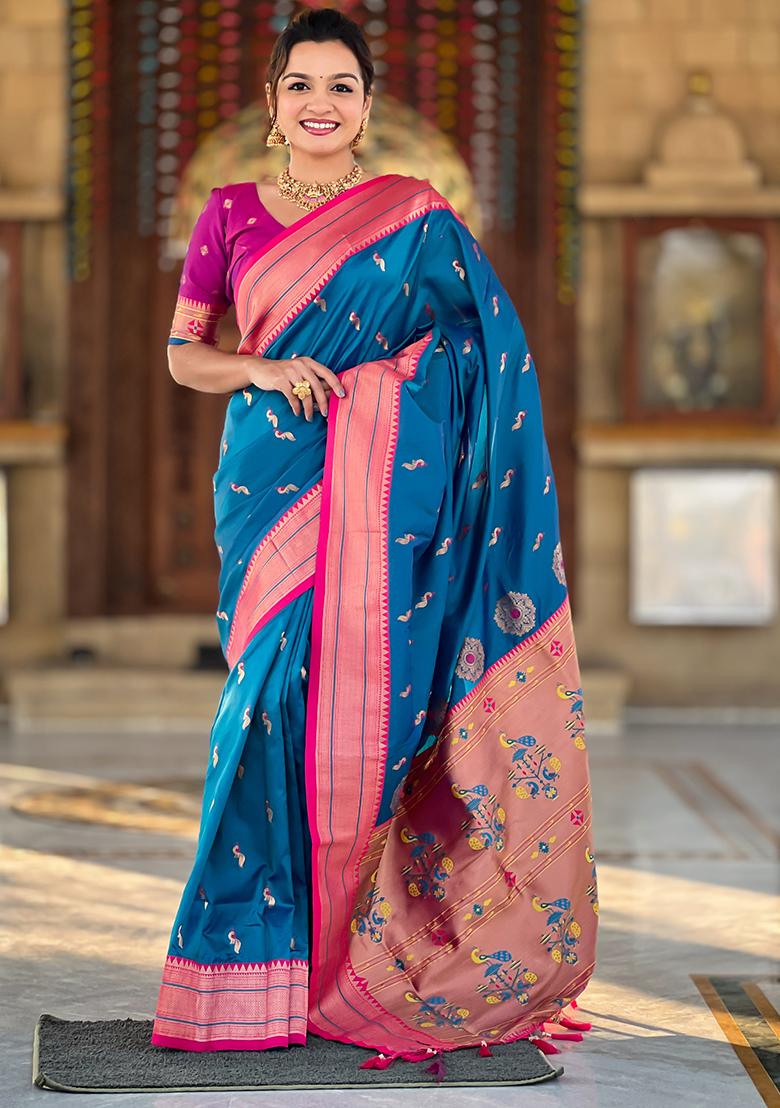 Blue Zari Woven Silk Saree Set