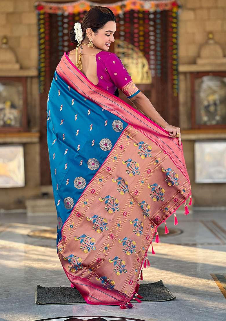 Blue Zari Woven Silk Blend Saree Set for Diwali and Festive Wear - Indya