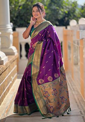 Wine Zari Woven Silk Saree Set
