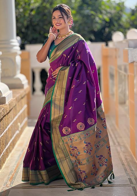 Wine Zari Woven Silk Saree Set