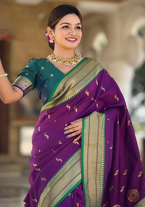 Wine Zari Woven Silk Saree Set