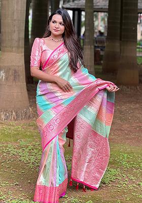 Multicolor Zari Woven Silk Saree Set