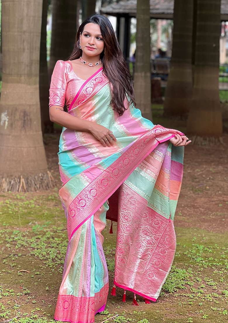 Multicolor Zari Woven Silk Blend Saree Set for Diwali | Wedding & Festive Wear - Indya