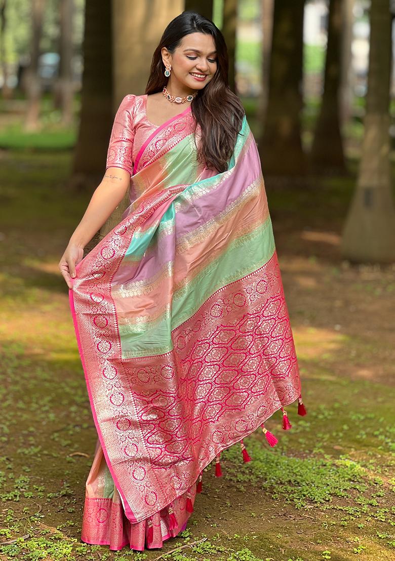 Multicolor Zari Woven Silk Saree Set