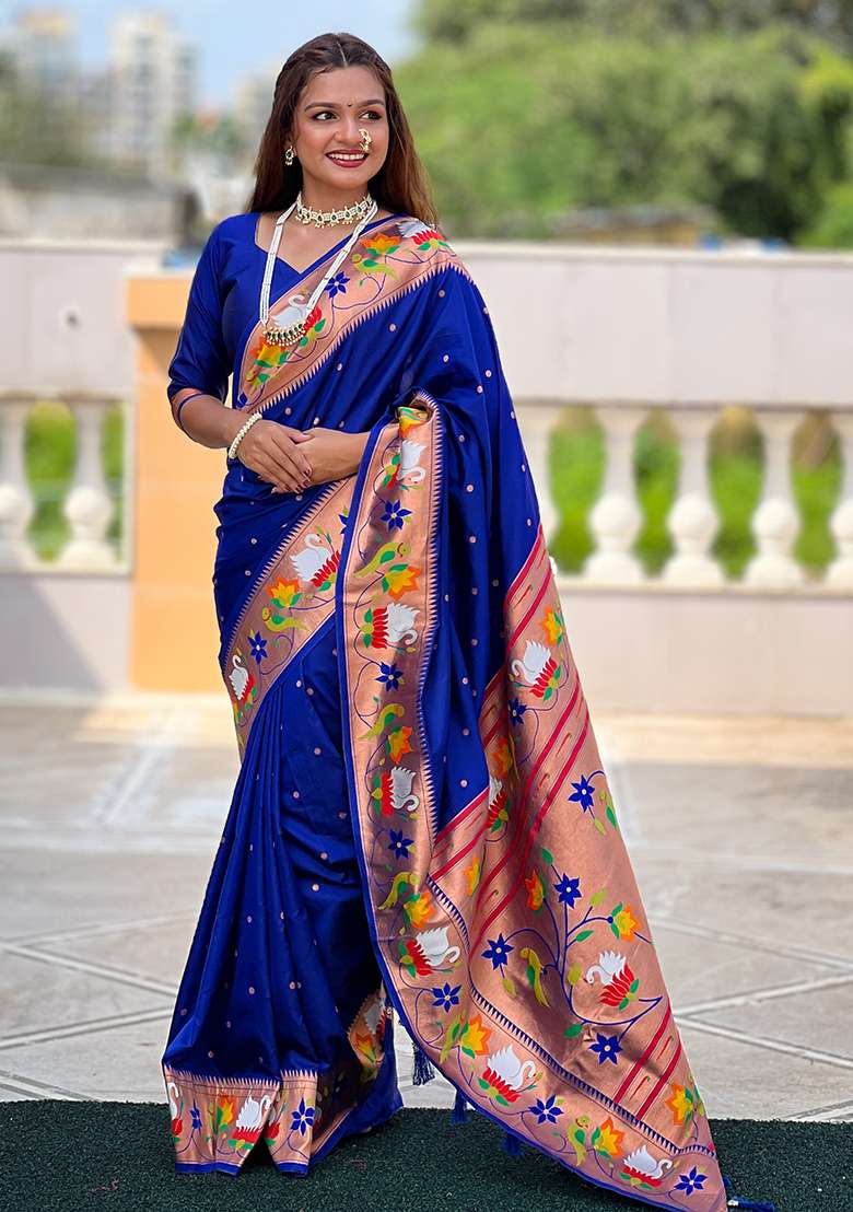 Blue Zari Woven Silk Blend Saree Set for Diwali | Wedding & Festive Wear - Indya
