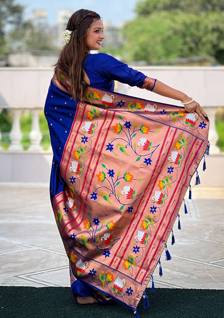 Blue Zari Woven Silk Blend Saree Set for Diwali | Wedding & Festive Wear - Indya