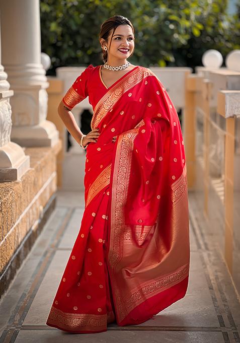 Red Zari Woven Silk Saree Set