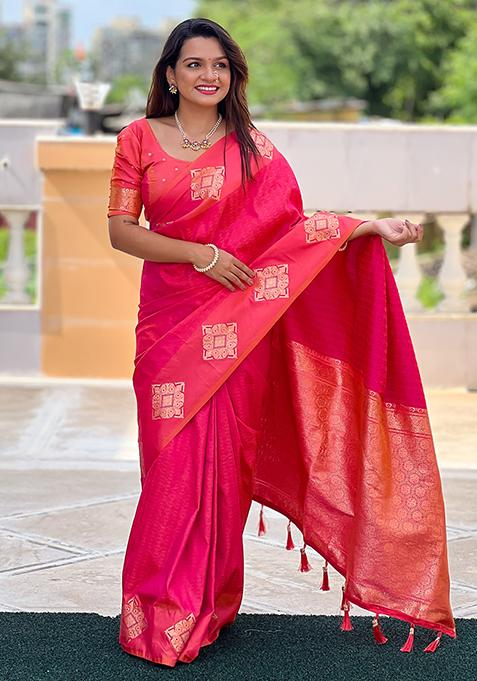 Pink Weaving Silk Saree Set