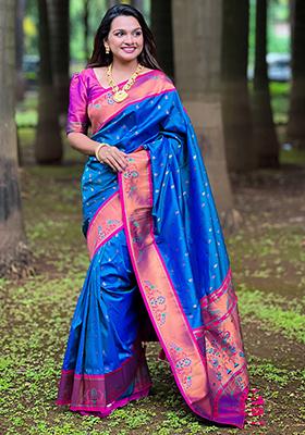 Royal Blue Zari Embroidered Paithani Silk Saree Set