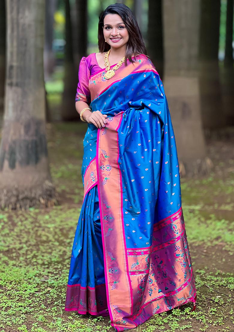 Royal Blue Zari Embroidered Paithani Silk Saree Set
