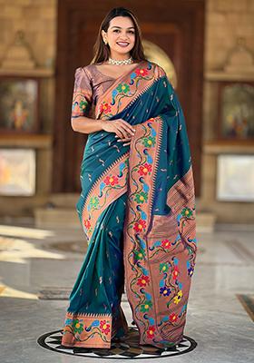 Teal Blue Zari Embroidered Paithani Silk Saree Set