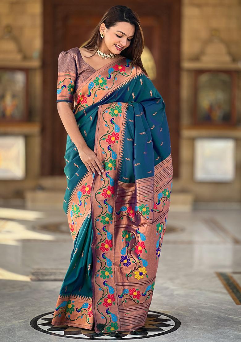 Teal Blue Zari Embroidered Paithani Silk Saree Set