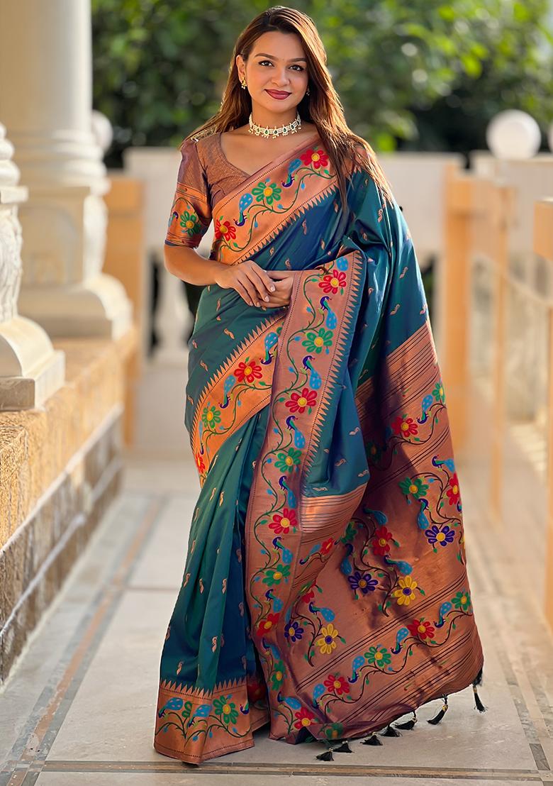 Teal Blue Zari Embroidered Paithani Silk Saree Set