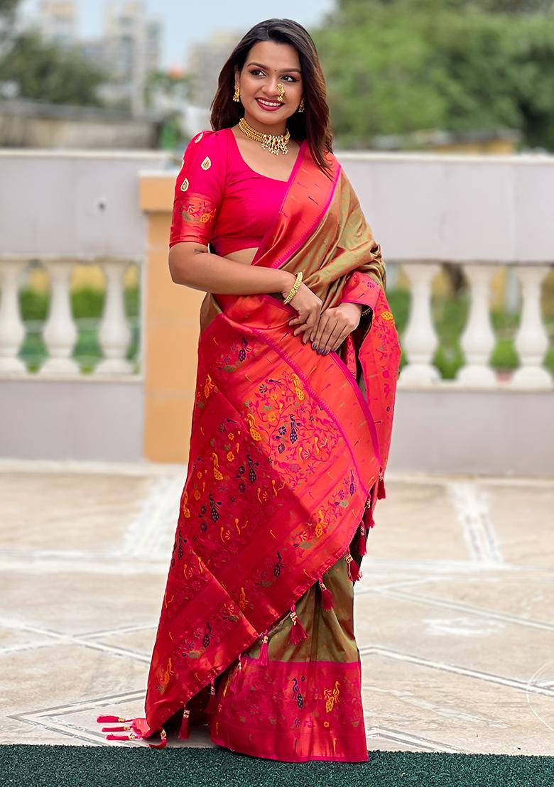 Olive Green Zari Embroidered Paithani Silk Saree Set