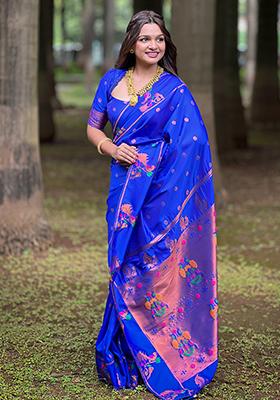 Violet Zari Embroidered Paithani Silk Saree Set