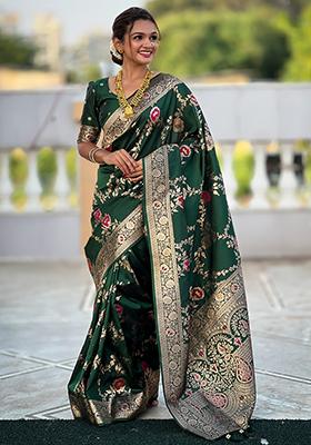 Dark Green Zari Embroidered Banarasi Silk  Saree Set