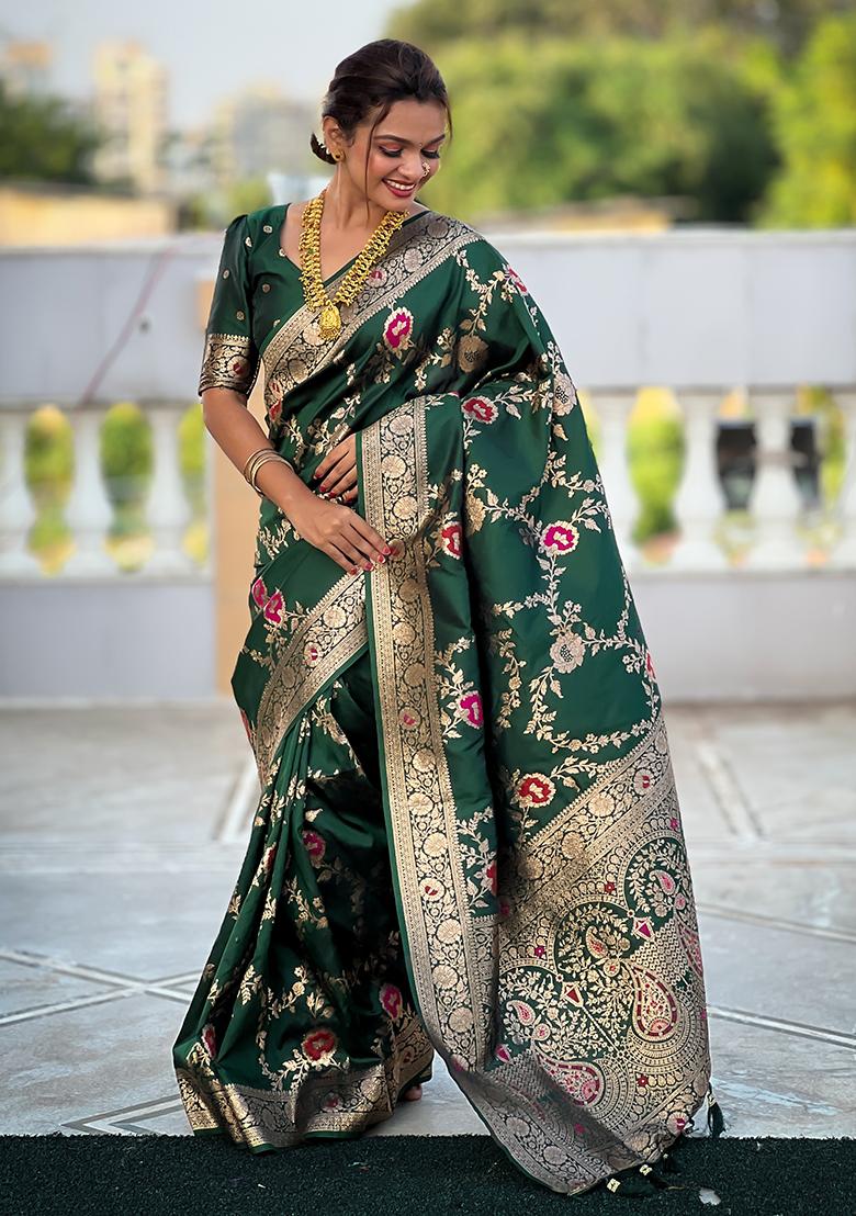 Dark Green Zari Embroidered Banarasi Silk  Saree Set