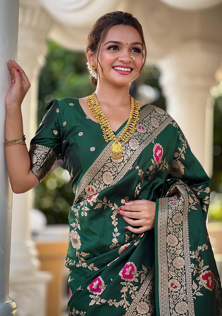 Dark Green Zari Embroidered Banarasi Silk  Saree Set