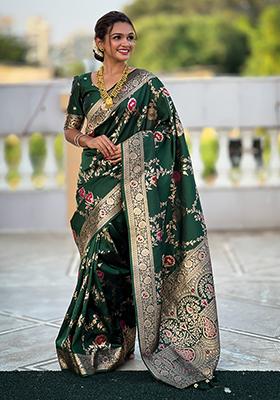 Light Rani Pink Zari Embroidered Banarasi Silk  Saree Set