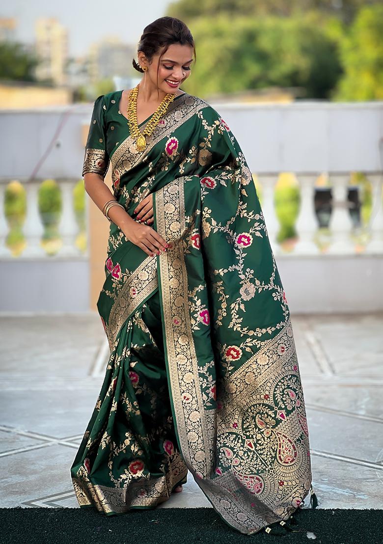 Light Rani Pink Zari Embroidered Banarasi Silk  Saree Set